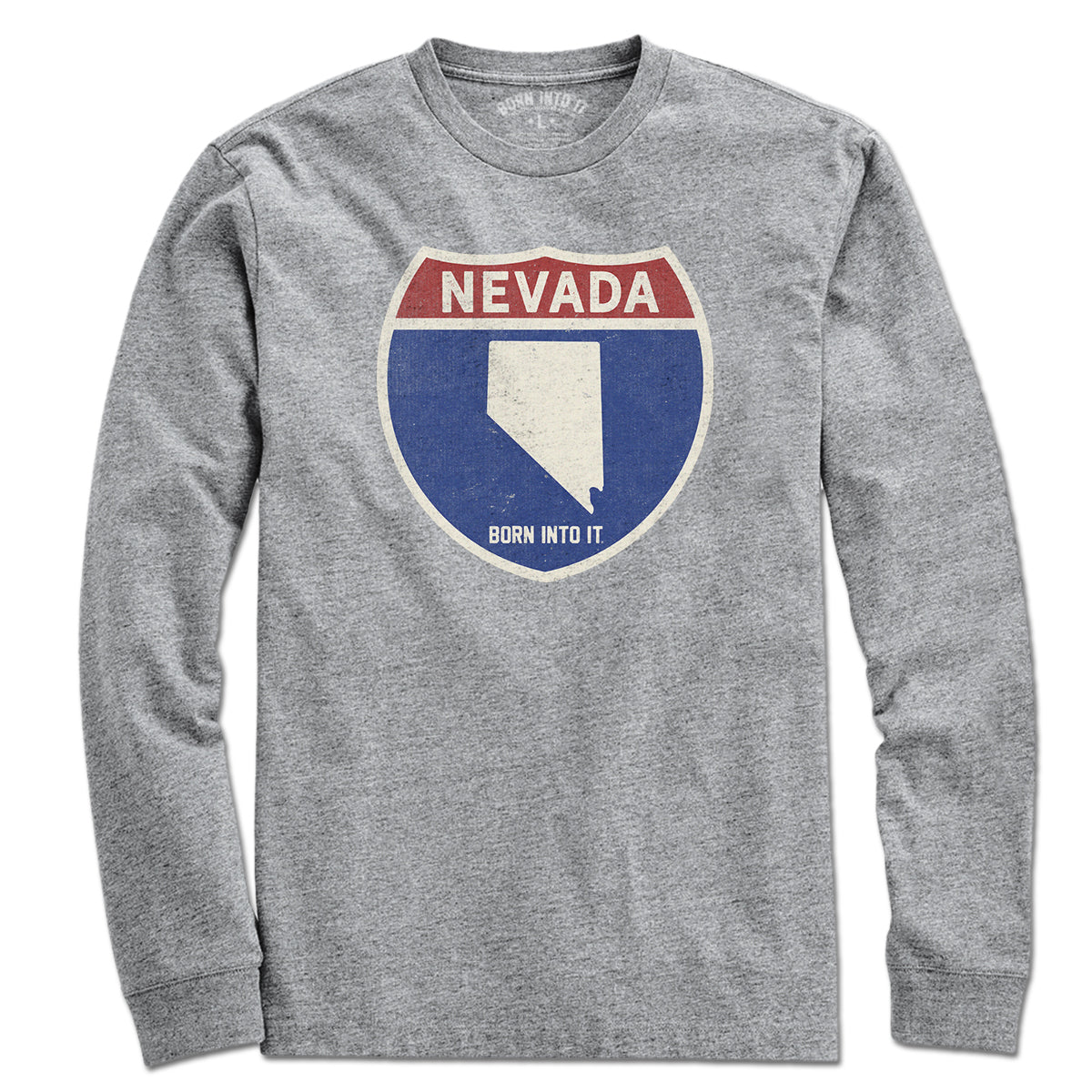 Born Into It Nevada Interstate Sign T-Shirt in gray, featuring a highway sign graphic on a casual long-sleeve tee.