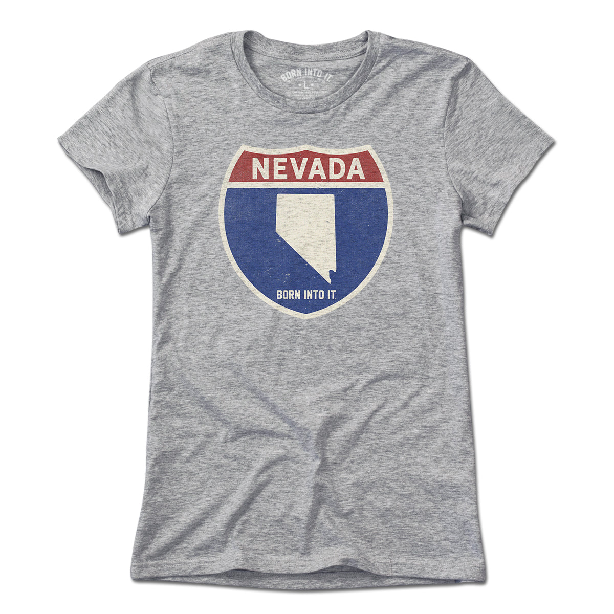 Born Into It Nevada Interstate Sign T-Shirt in gray, featuring a highway sign graphic on the front.
