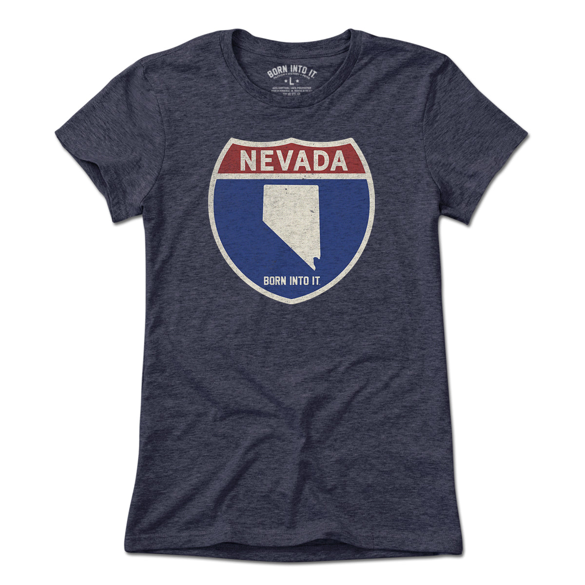 Born Into It Nevada Interstate Sign T-Shirt in light color, featuring a highway sign graphic on a casual T-shirt.