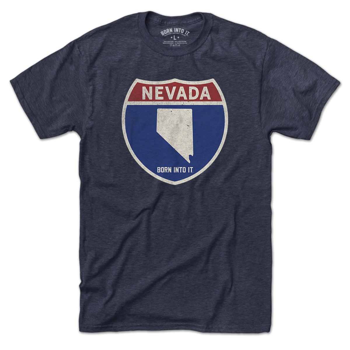 Born Into It Nevada Interstate Sign T-Shirt displaying a highway sign graphic on a casual t-shirt.