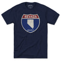 Born Into It Nevada Interstate Sign T-Shirt showing a graphic of interstate signs for Nevada, New York, and Utah on a casual tee.