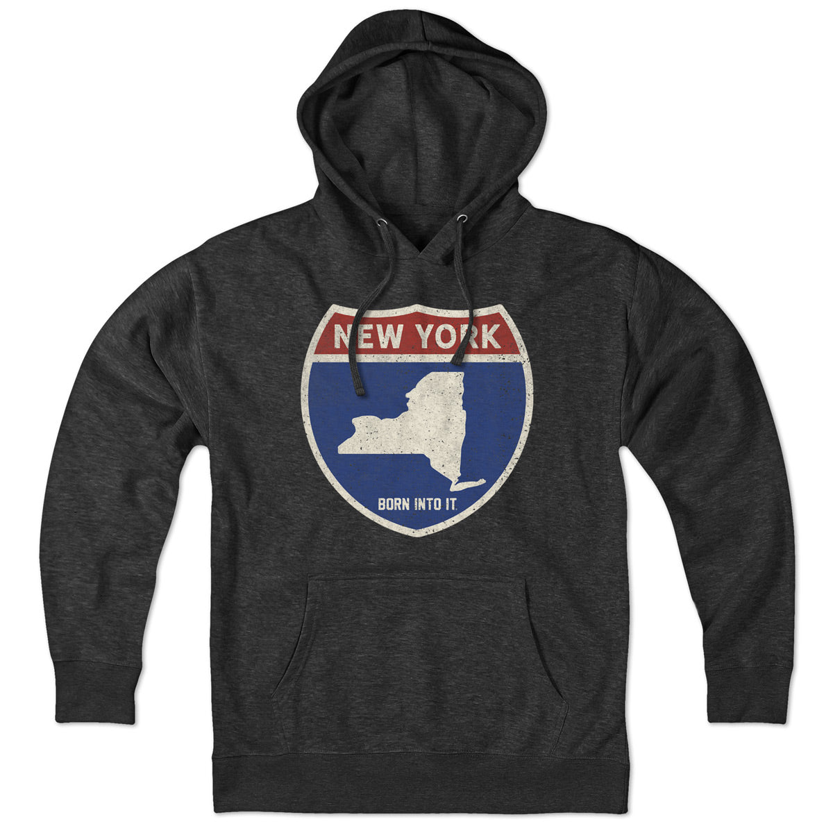 Born Into It New York Interstate Sign hoodie sweatshirt featuring a printed interstate highway design on front.