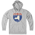 Born Into It New York Interstate Sign hoodie sweatshirt in gray featuring iconic interstate highway graphics.