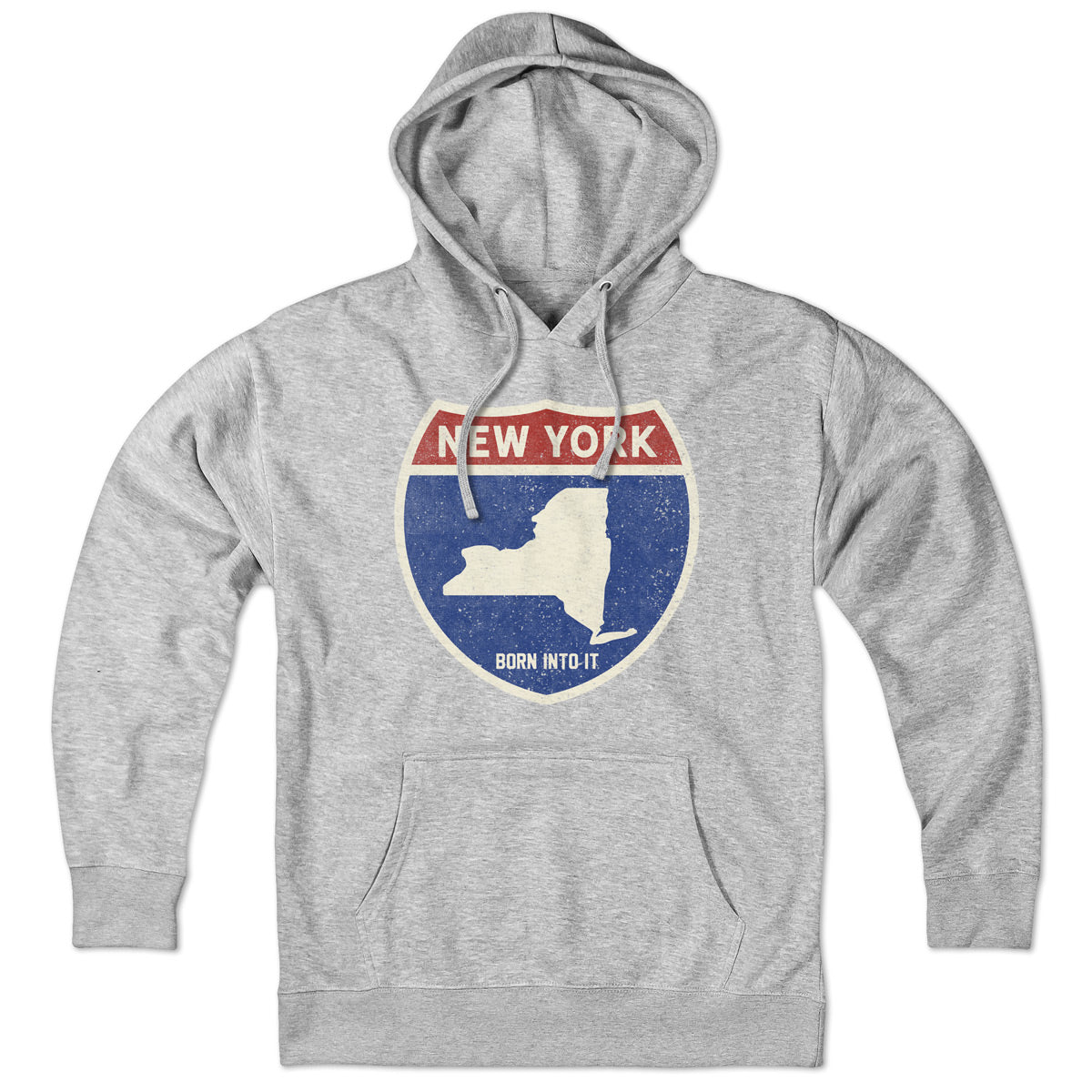 Born Into It New York Interstate Sign hoodie sweatshirt in gray featuring iconic interstate highway graphics.