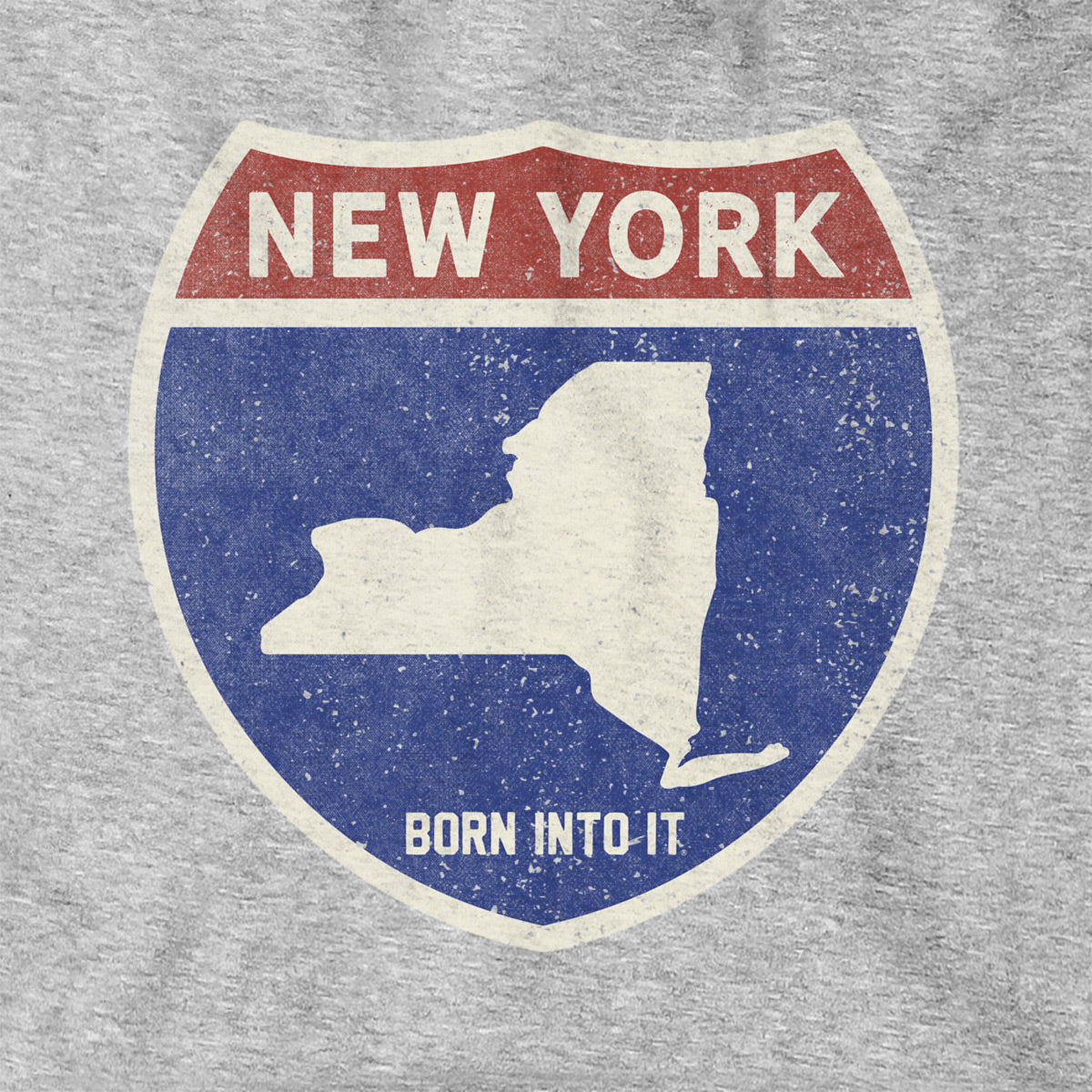 Born Into It New York Interstate Sign Hoodie sweatshirt in gray, featuring a bold interstate highway graphic design.
