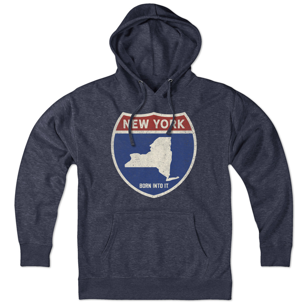 Born Into It New York Interstate Sign hoodie sweatshirt with graphic design, featuring vibrant colors and urban streetwear style.