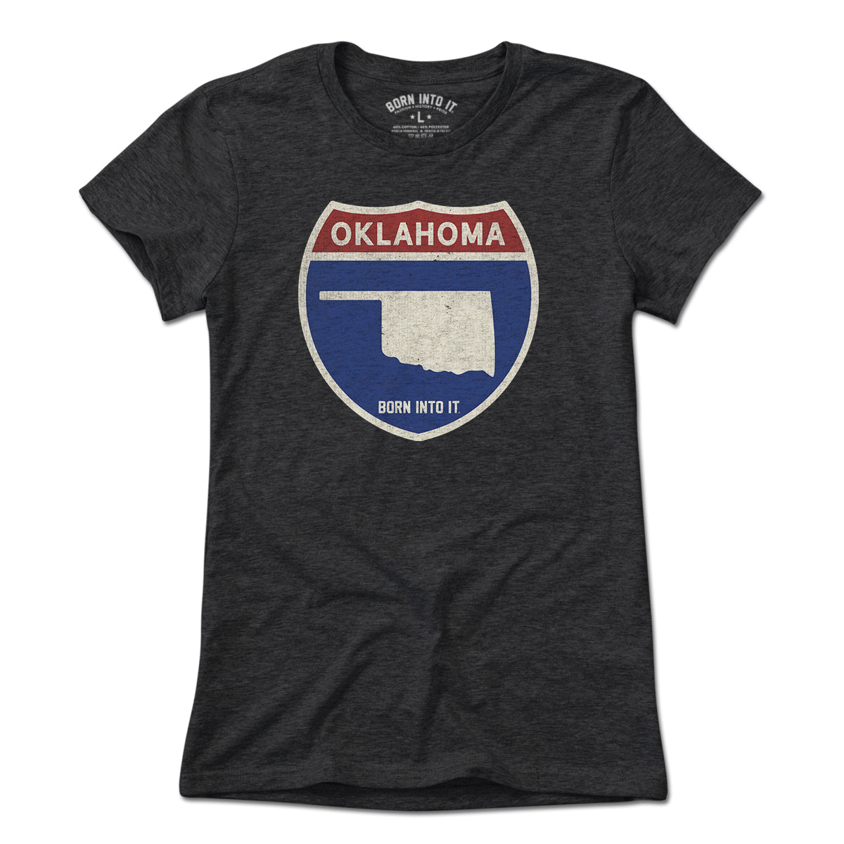 Light green Oklahoma interstate sign T-shirt by Born Into It, featuring a detailed Oklahoma map and interstate design.