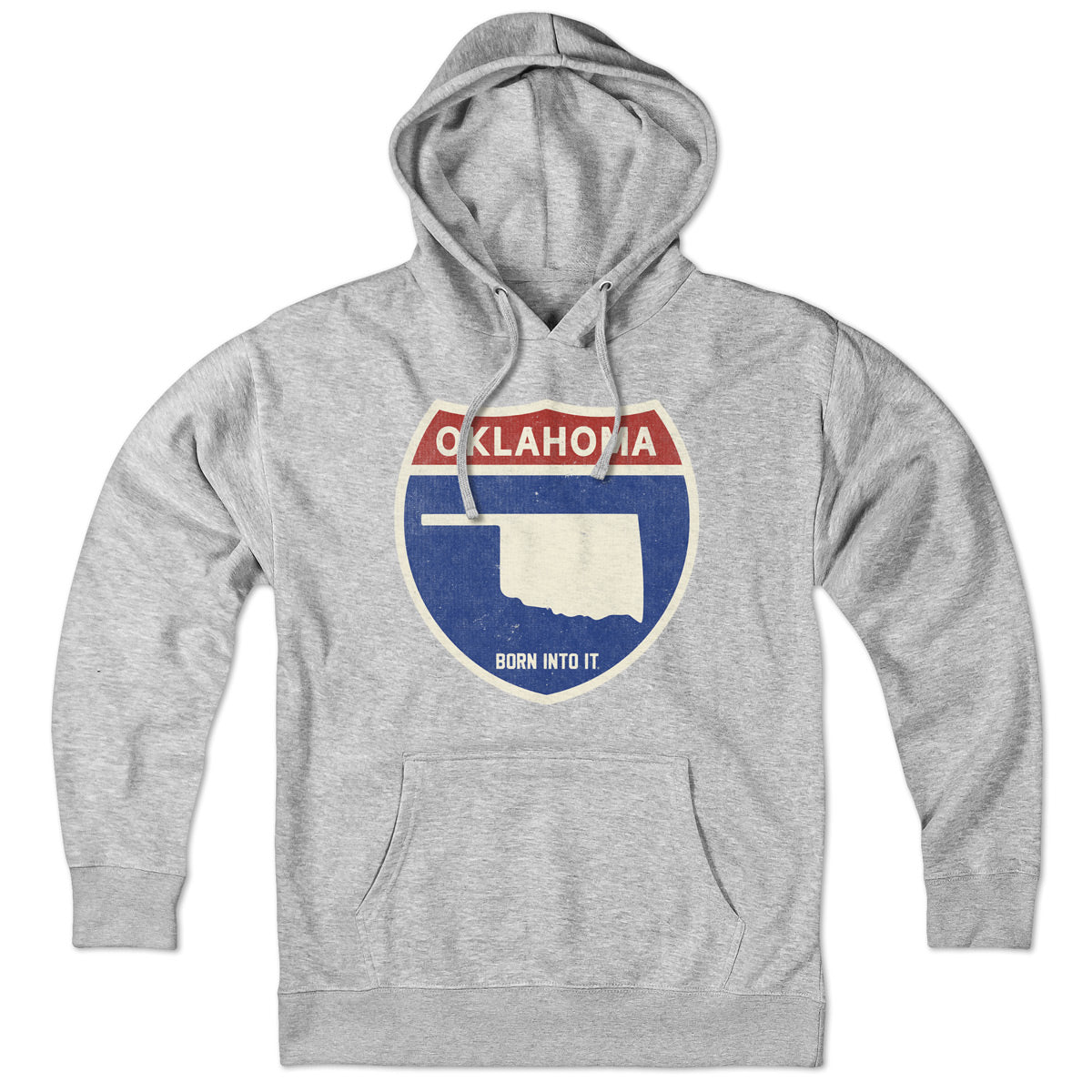 Born Into It Oklahoma Interstate Sign Hoodie sweatshirt in gray with interstate highway graphic and bold Oklahoma design.