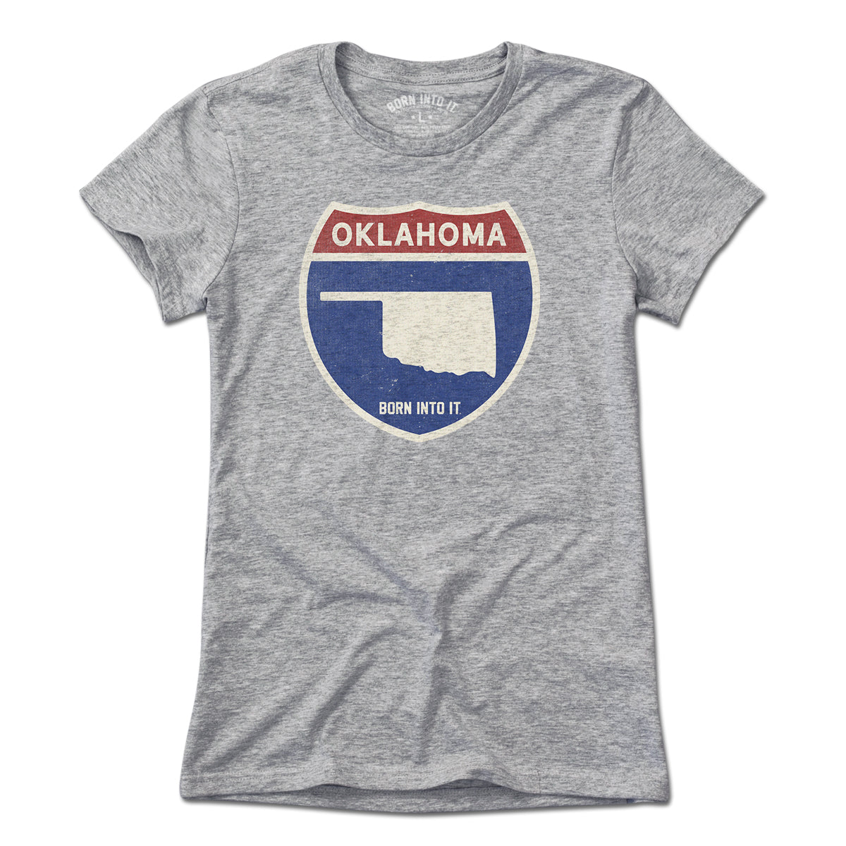 Born Into It Oklahoma Interstate Sign T-Shirt in gray, featuring a highway sign graphic, casual fit, and comfortable fabric.