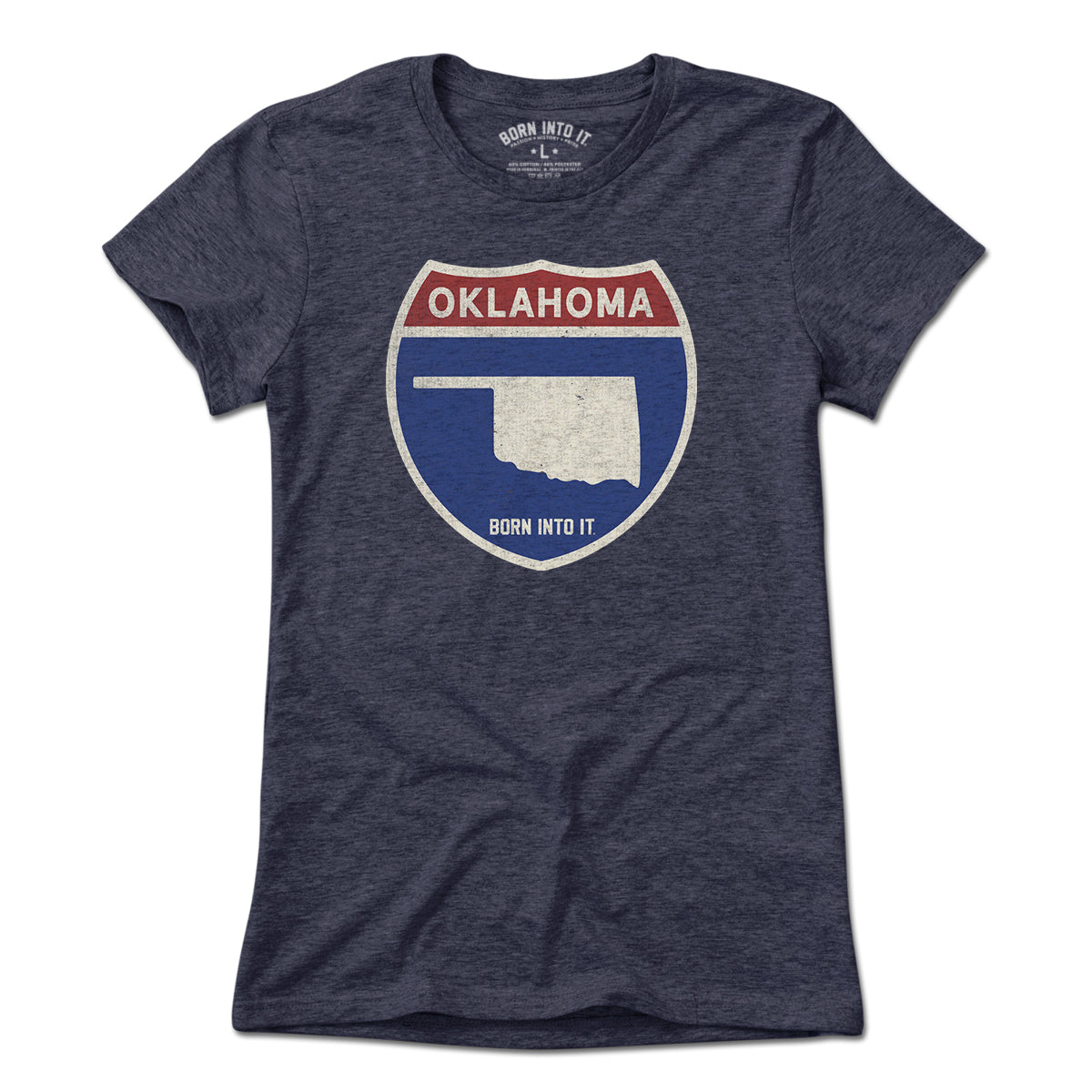 Born Into It Oklahoma Interstate Sign T-Shirt displayed flat, featuring a highway sign design on a light-colored fabric.