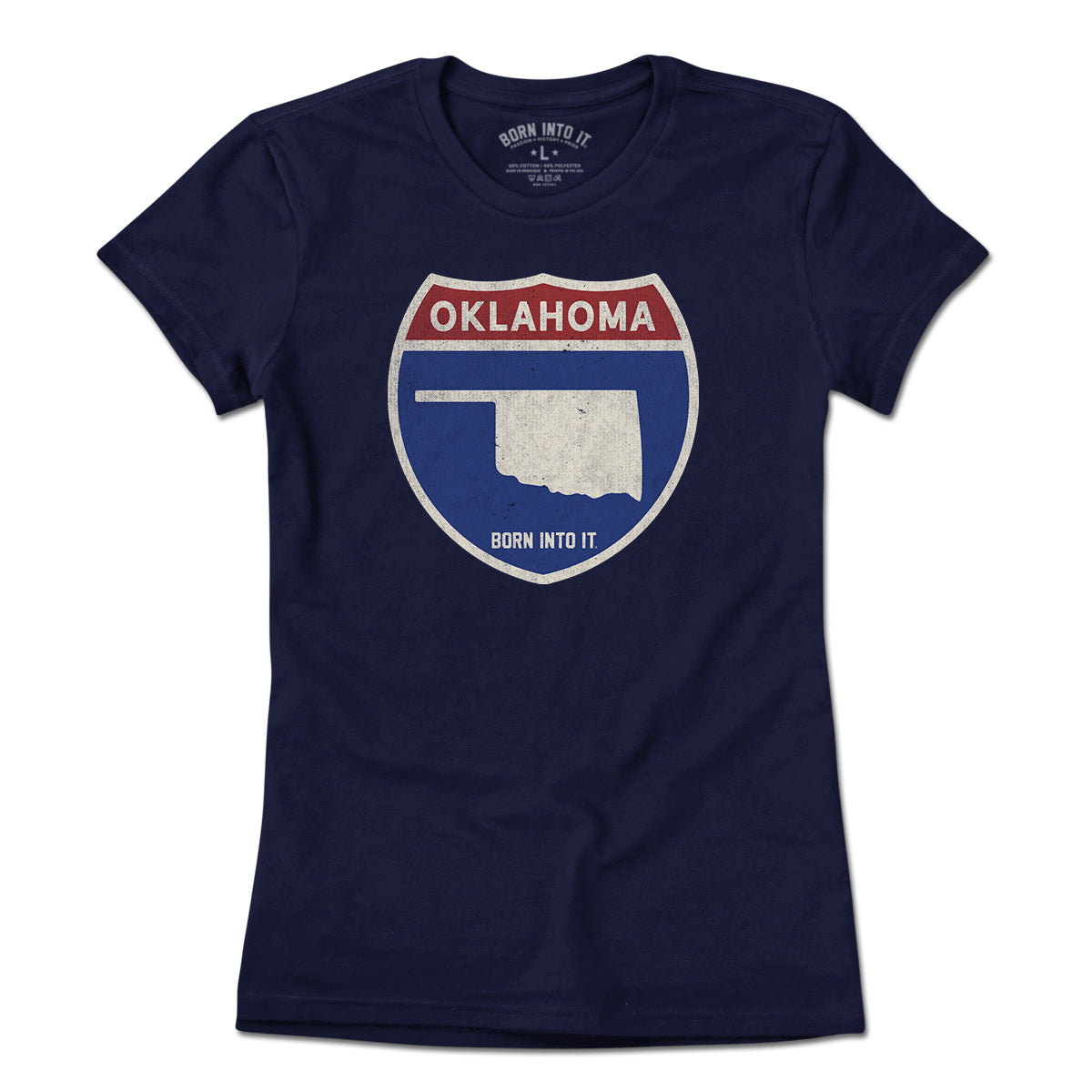 Born Into It Oklahoma Interstate Sign T-Shirt, light-colored, casual tee featuring a highway interstate graphic on the front.