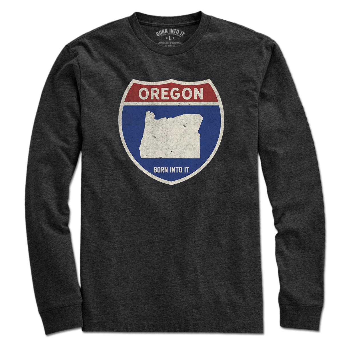 Born Into It Oregon Interstate Sign T-Shirt featuring a highway sign graphic on a casual T-Shirt.