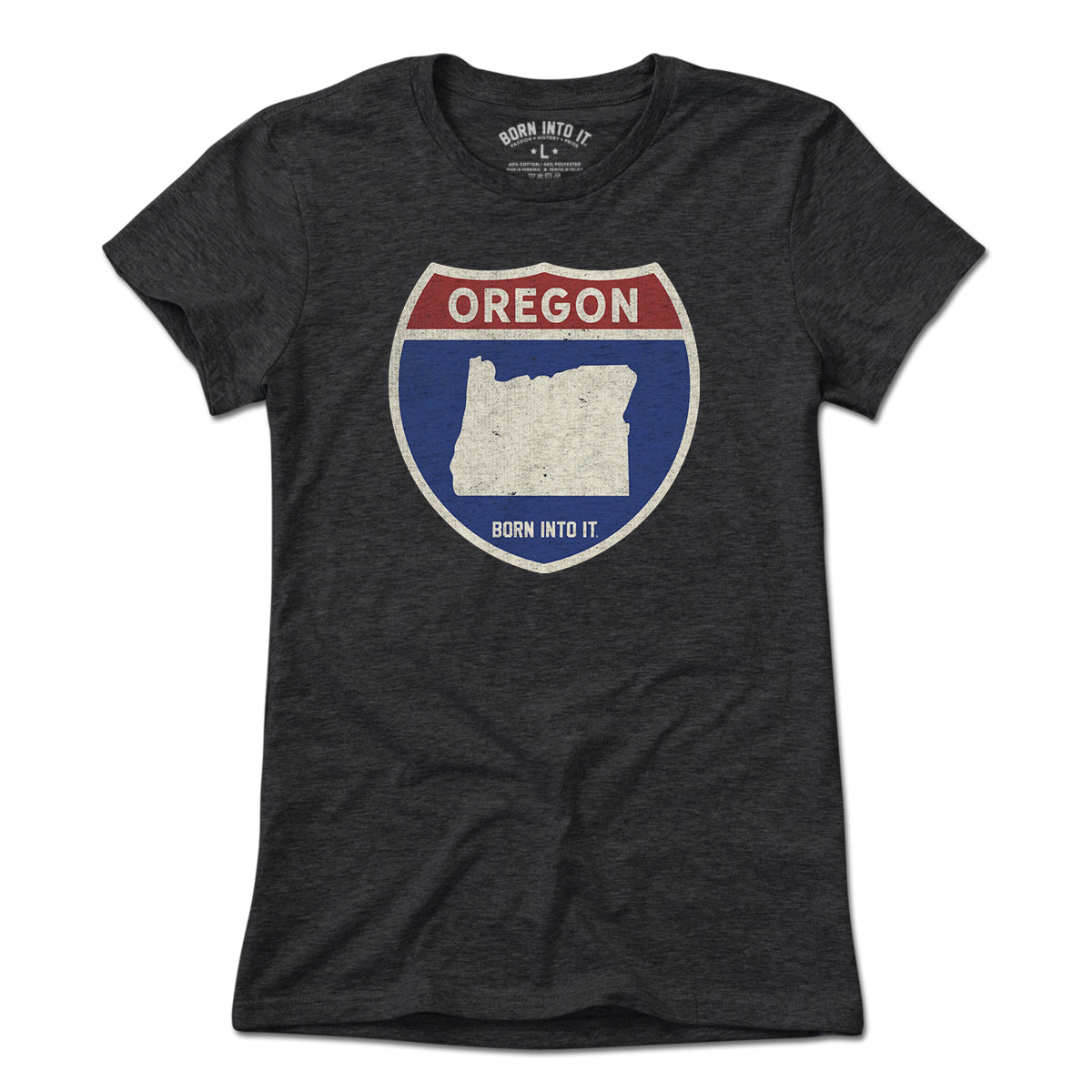 Light green Oregon Interstate Sign T-Shirt by Born Into It featuring a detailed interstate route graphic on the front.