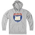 Born Into It Oregon Interstate Sign hoodie, gray sweatshirt featuring a bold interstate graphic design.