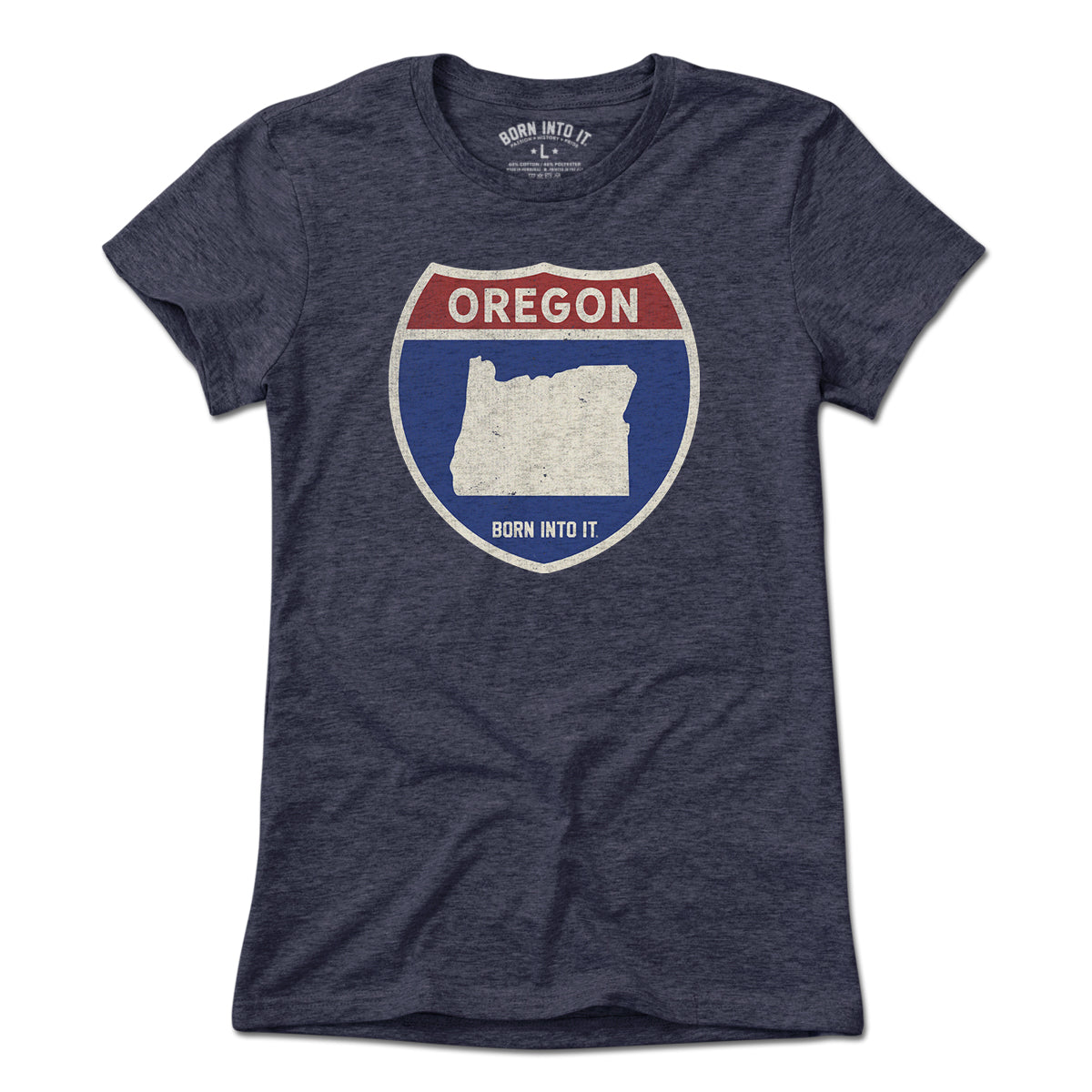 Born Into It Oregon Interstate Sign T-Shirt showing a vintage highway sign graphic on a soft cotton tee