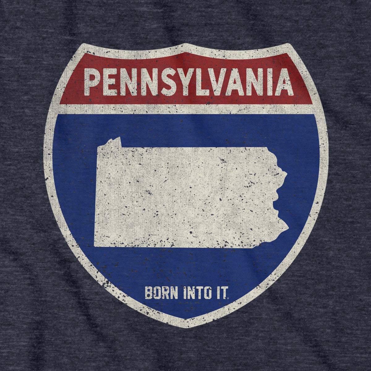 Born Into It Pennsylvania Interstate Sign T-Shirt featuring a highway sign graphic on a casual black tee.