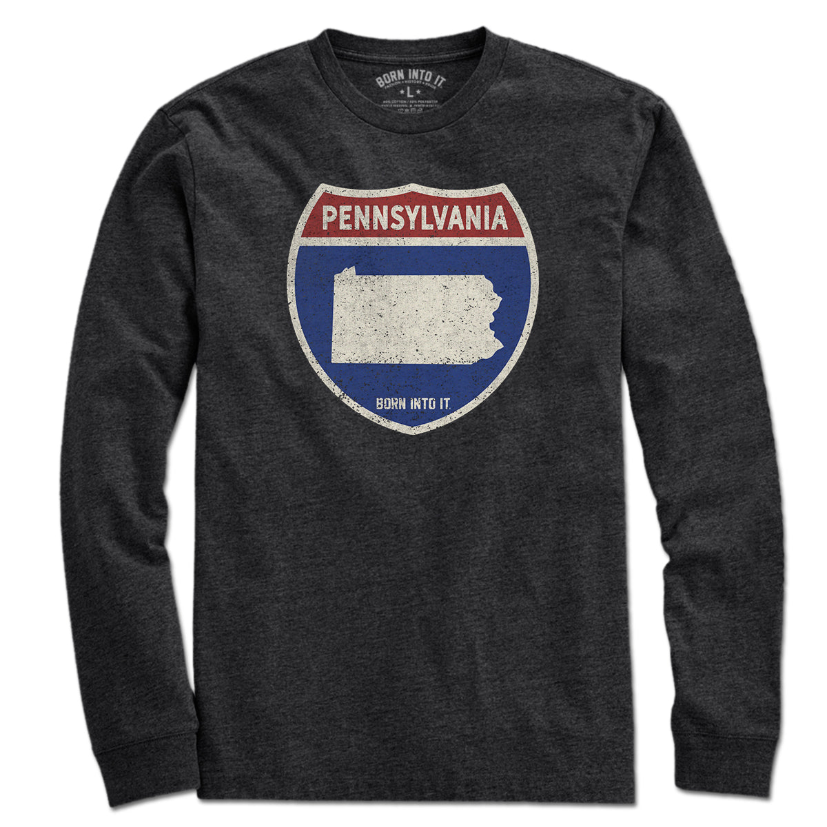 Born Into It Pennsylvania Interstate Sign T-Shirt featuring a graphic of a highway interstate sign on a casual tee.