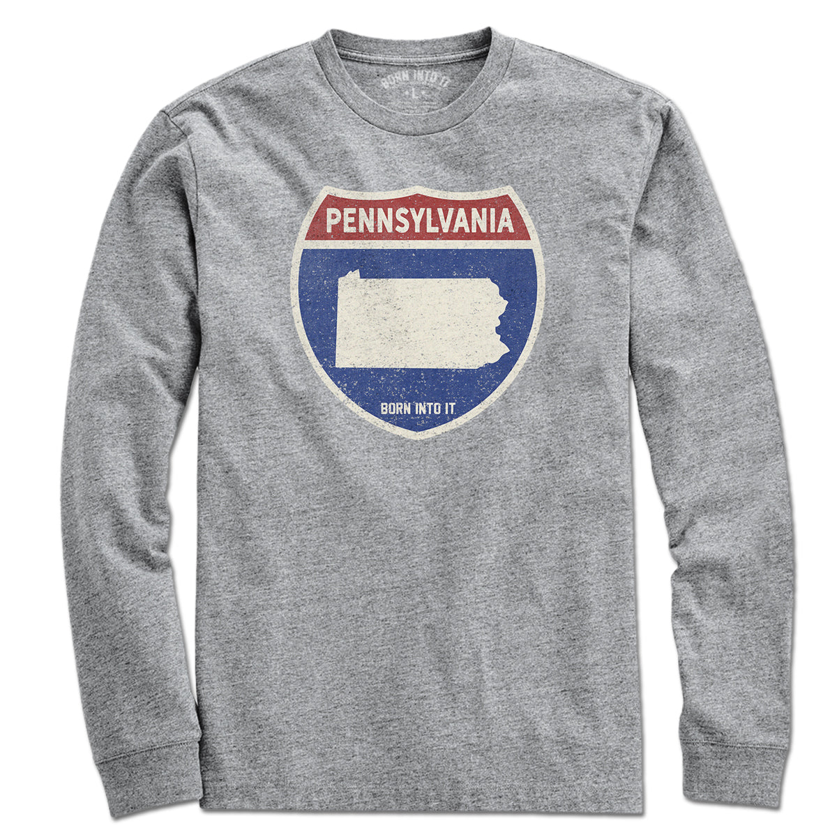 Born Into It Pennsylvania Interstate Sign T-Shirt in gray, featuring a detailed interstate graphic on the front.
