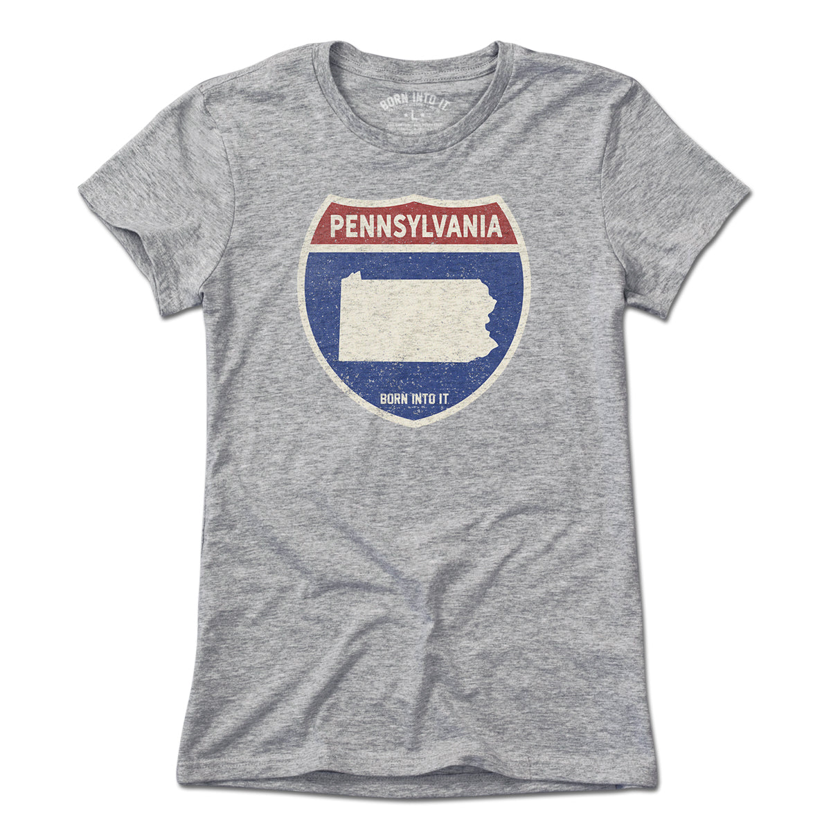Light gray Born Into It Pennsylvania Interstate Sign T-Shirt featuring a highway sign graphic on the front.