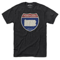 Born Into It Pennsylvania Interstate Sign T-Shirt featuring a vintage highway sign graphic on a casual t-shirt.