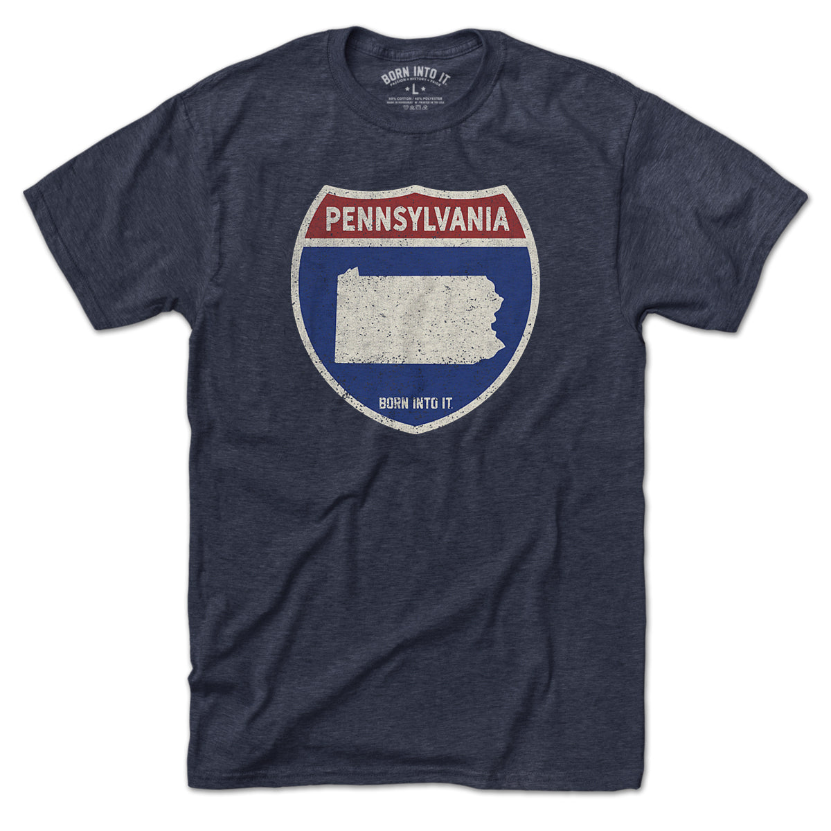 Born Into It Pennsylvania Interstate Sign T-Shirt featuring a highway sign graphic on a comfortable cotton tee.