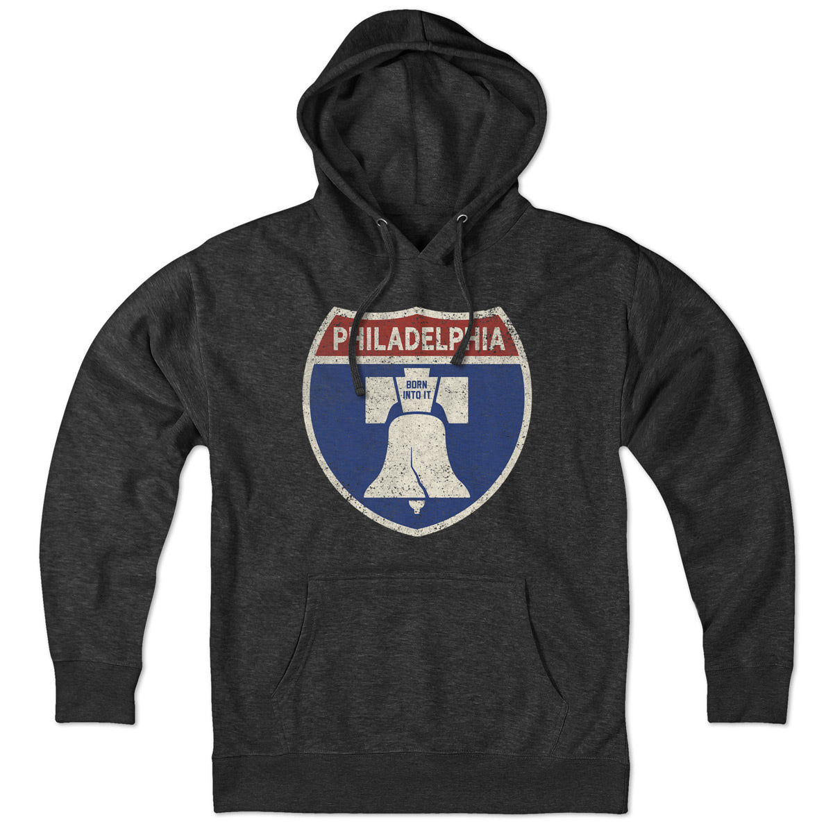 Born Into It Philadelphia Interstate Sign hoodie, sweatshirt featuring a graphic of the iconic interstate sign on the front.