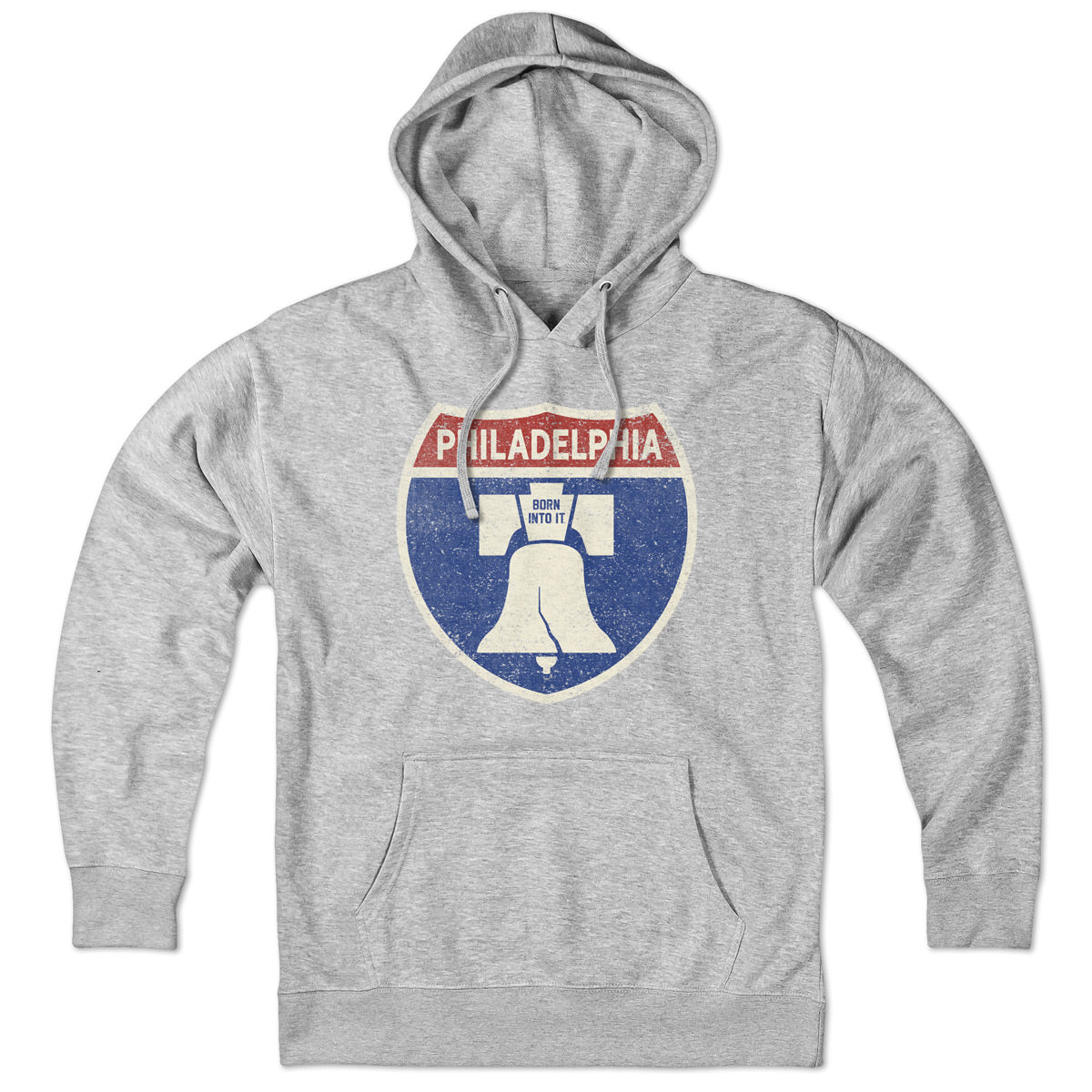 Born Into It Philadelphia Interstate Sign Hoodie, gray sweatshirt with interstate sign graphic, casual streetwear style.