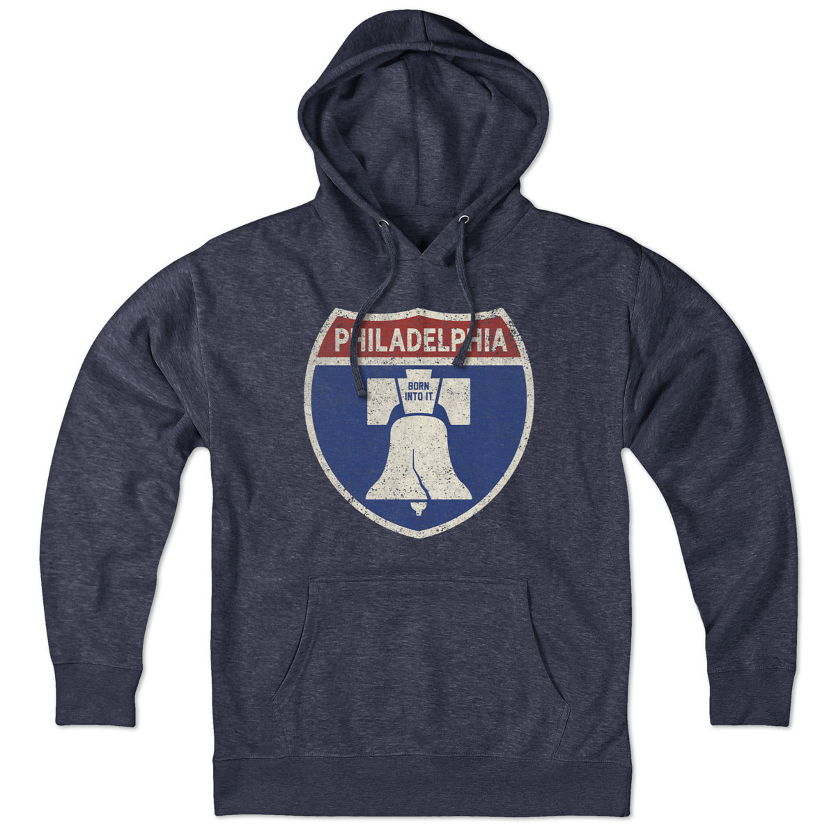 Born Into It Philadelphia Interstate Sign hoodie, men's sweatshirt with city highway graphic in black and white.