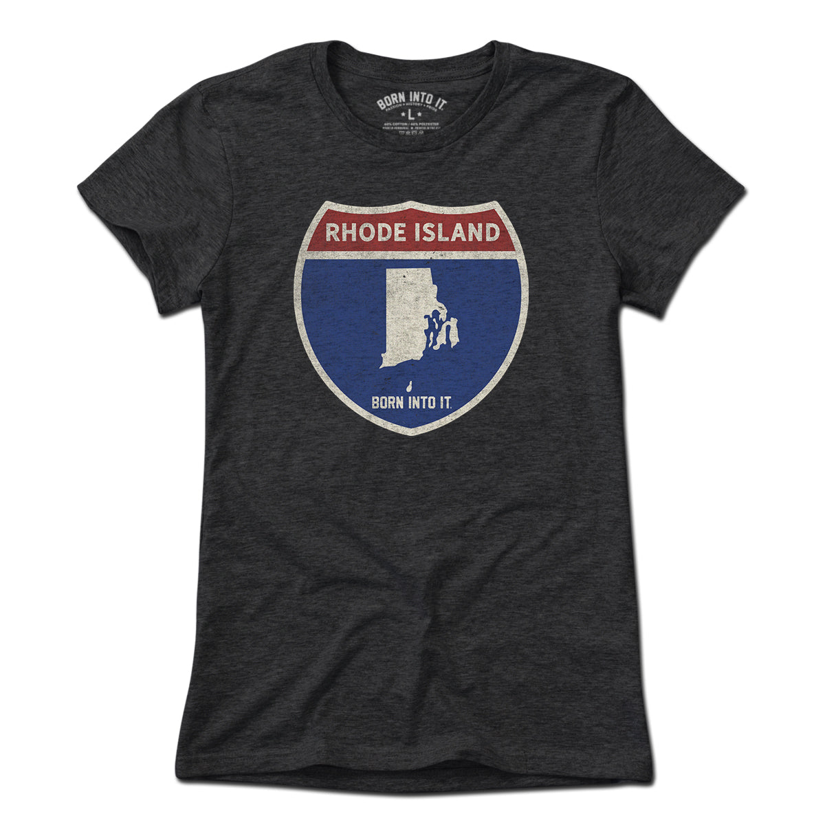Born Into It Rhode Island Interstate Sign T-Shirt, light color, casual fit, featuring interstate highway graphic on front.