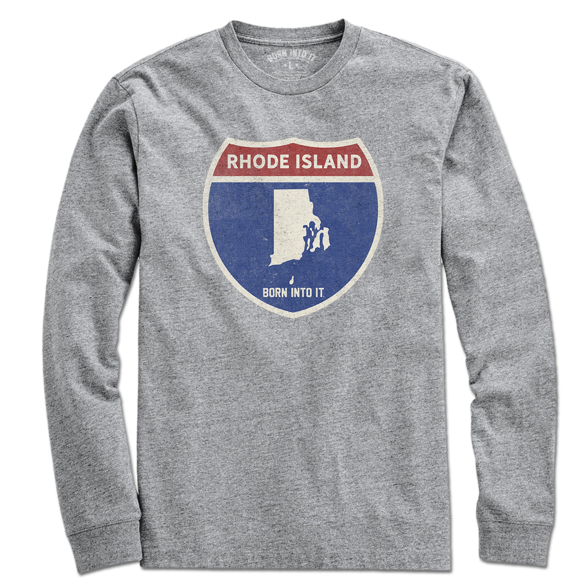 Born Into It Rhode Island Interstate Sign T-Shirt in gray, featuring a detailed interstate route graphic on the front.