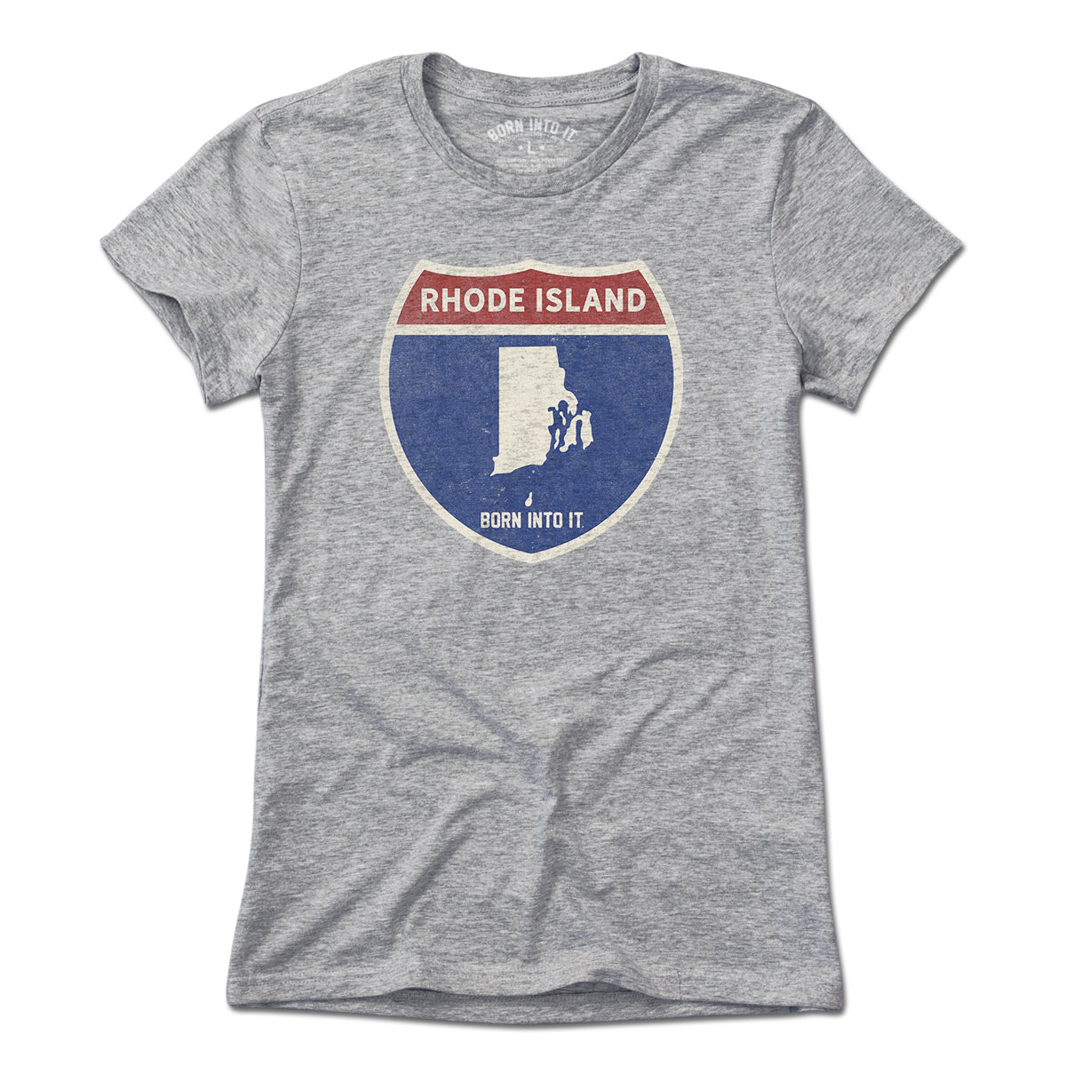 Born Into It Rhode Island Interstate Sign T-Shirt in gray, featuring a graphic of the Rhode Island interstate sign.