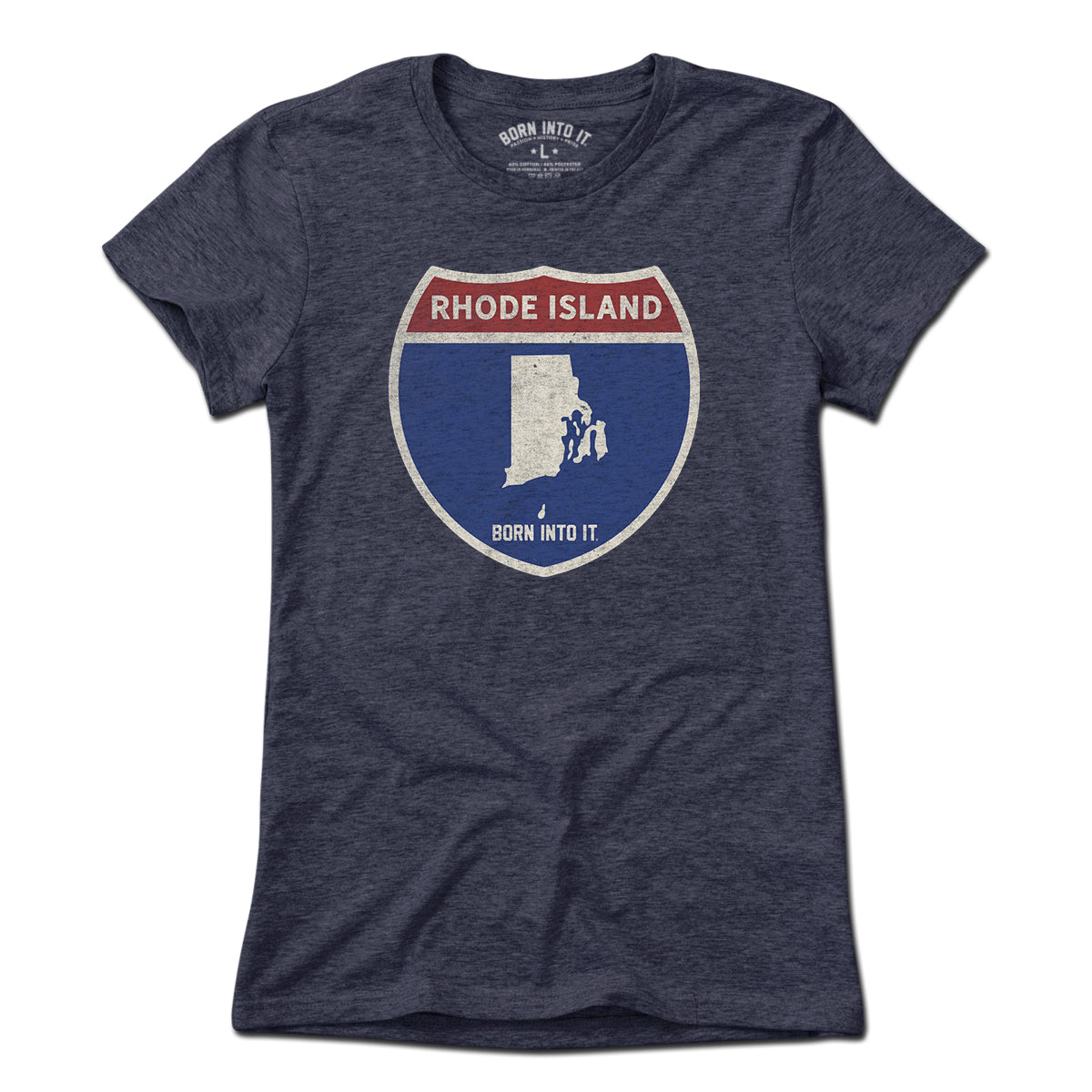 Born Into It Rhode Island Interstate Sign T-Shirt featuring a graphic of the Rhode Island highway sign in light colors.