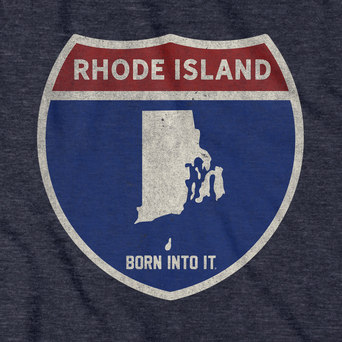 Born Into It Rhode Island Interstate Sign T-Shirt featuring a graphic of the RI highway sign on a casual black t-shirt.