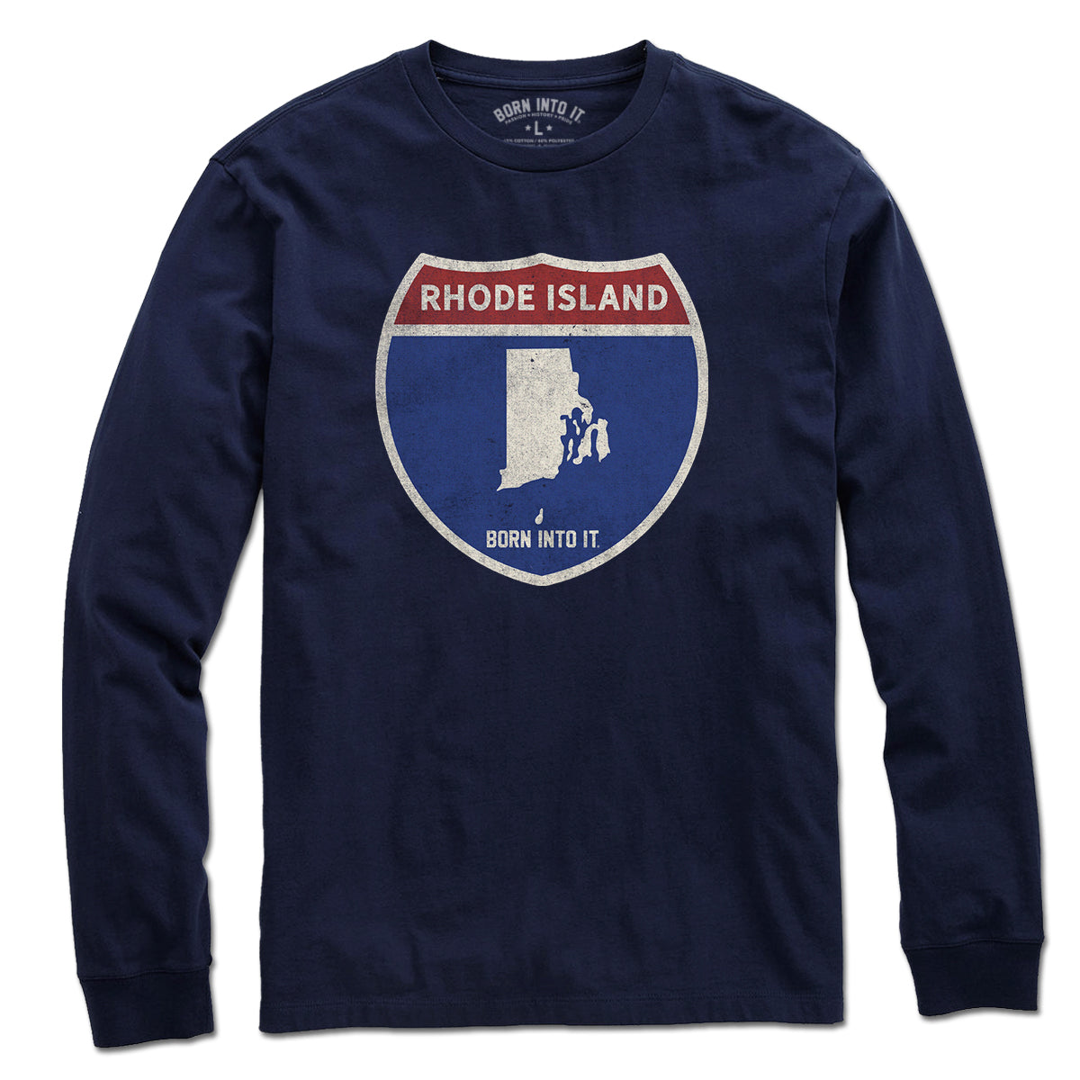 Born Into It Rhode Island Interstate Sign T-Shirt featuring a graphic of the Rhode Island interstate highway on a casual T-shirt.