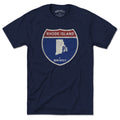 Born Into It Rhode Island Interstate Sign T-Shirt featuring a graphic of Rhode Island and neighboring states on soft fabric.