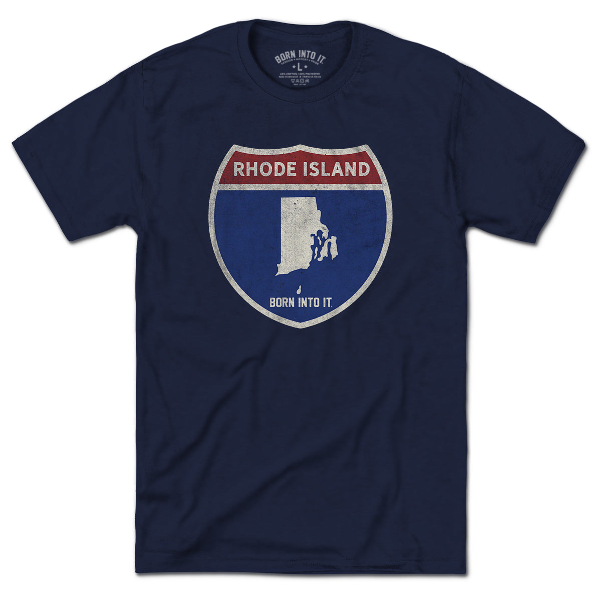 Born Into It Rhode Island Interstate Sign T-Shirt featuring a graphic of Rhode Island and neighboring states on soft fabric.