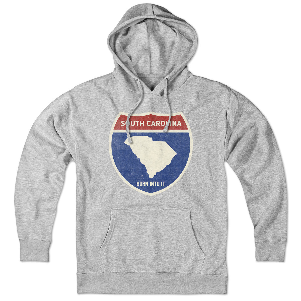 Born Into It South Carolina Interstate Sign hoodie sweatshirt in gray, featuring highway graphics and comfortable fit.