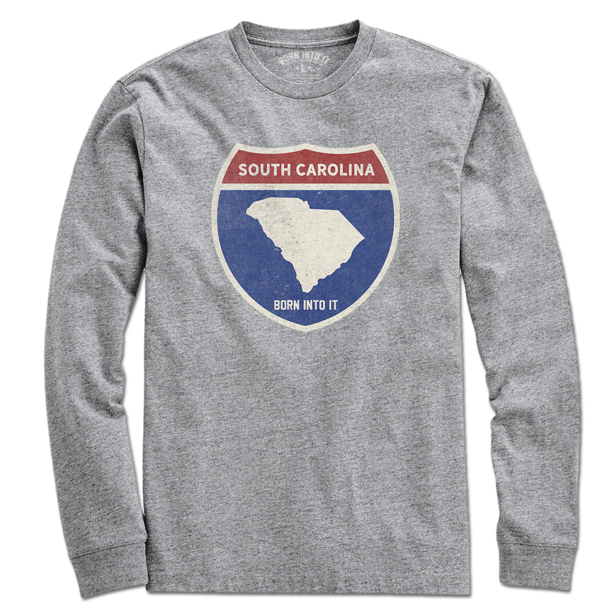 Born Into It South Carolina Interstate Sign T-Shirt in gray, featuring a detailed interstate route graphic on the front.