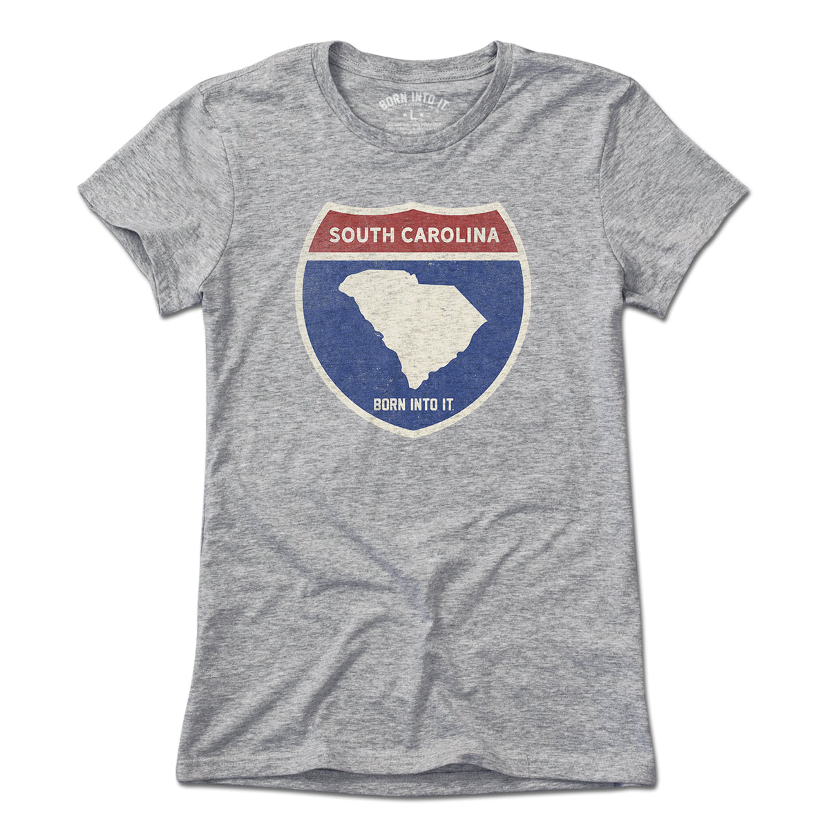Born Into It South Carolina Interstate Sign T-Shirt in light gray, featuring highway graphic and classic design.