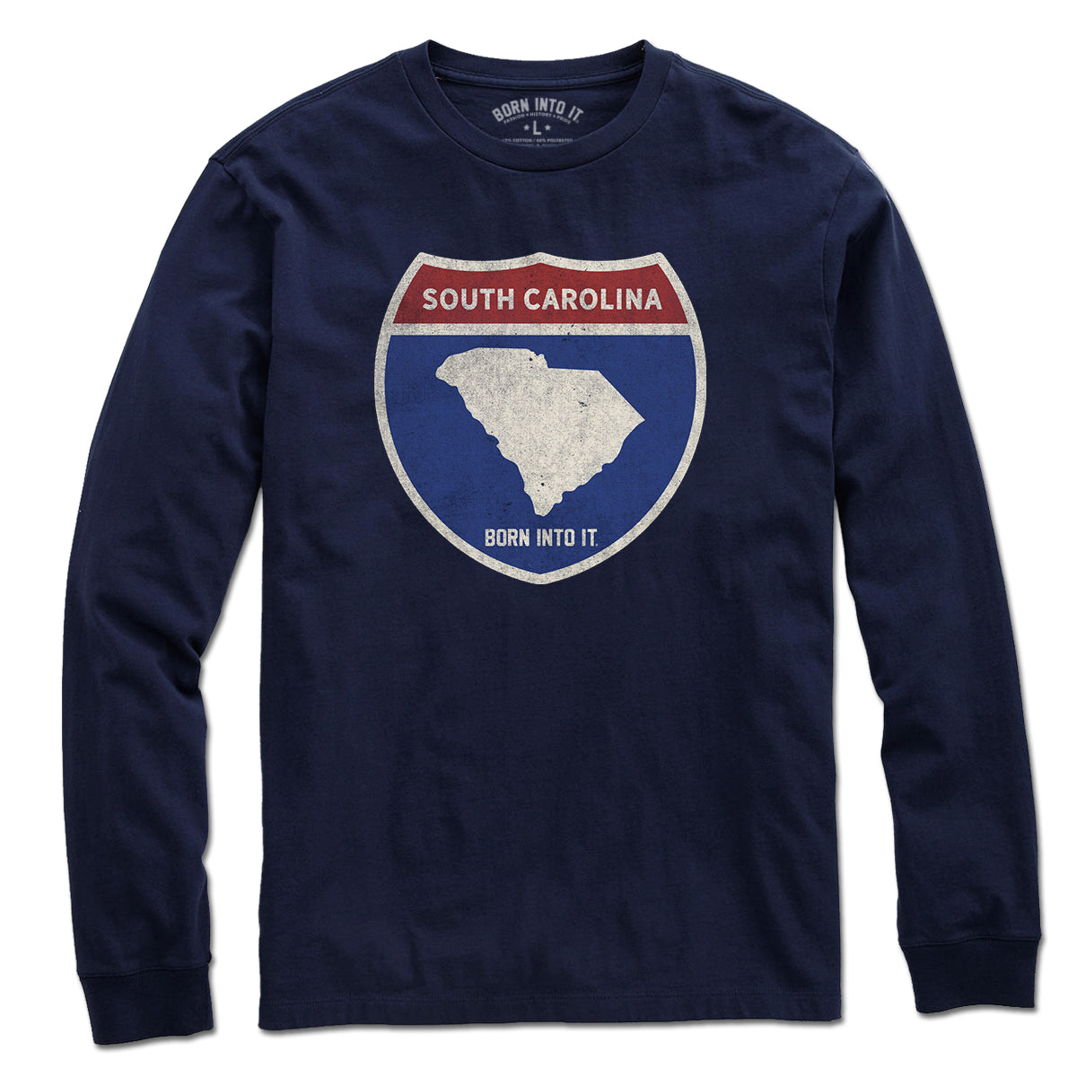 Born Into It South Carolina interstate sign T-shirt showing a graphic of the highway sign on a black t-shirt.