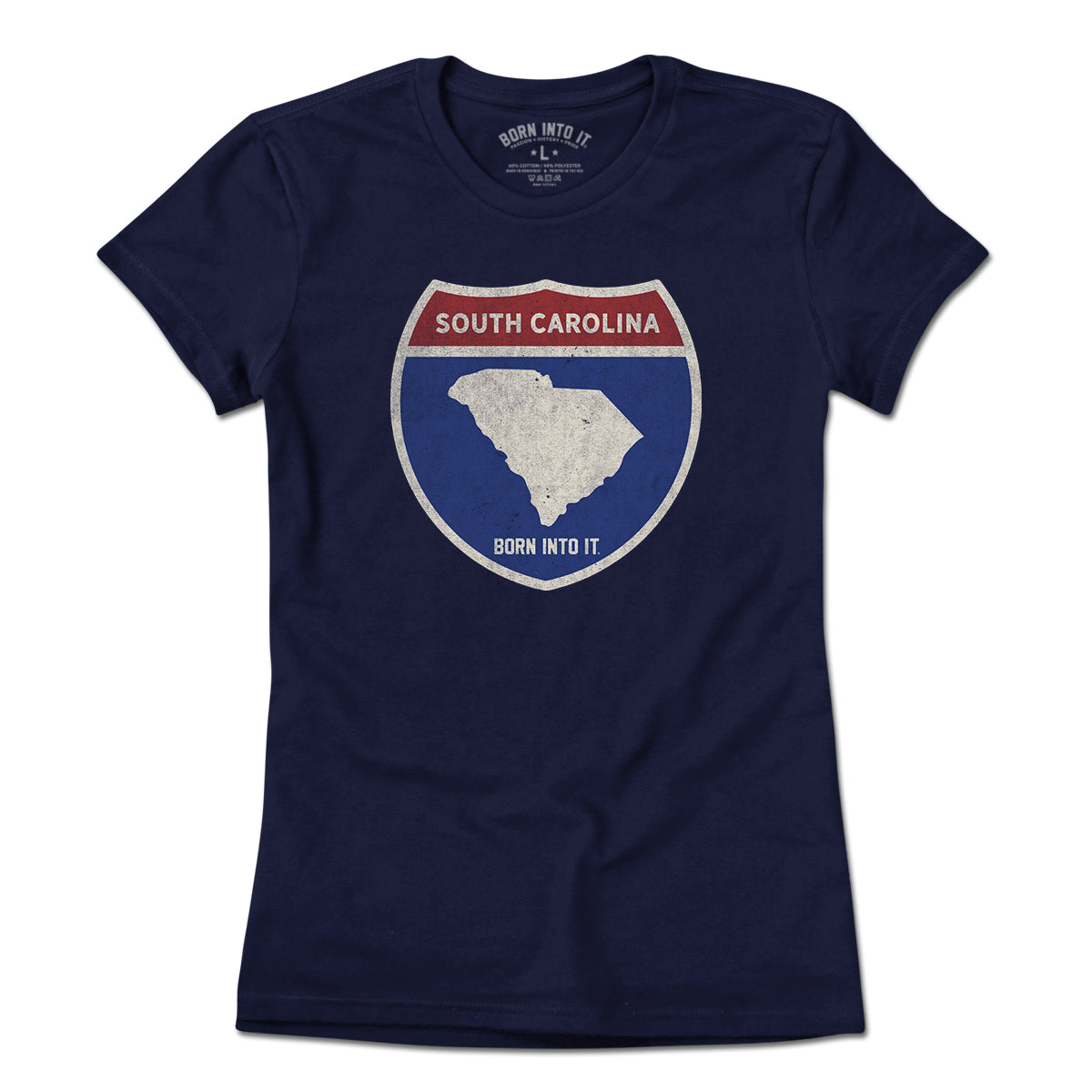 Light green Born Into It South Carolina Interstate Sign T-Shirt, featuring interstate route graphics on the front.