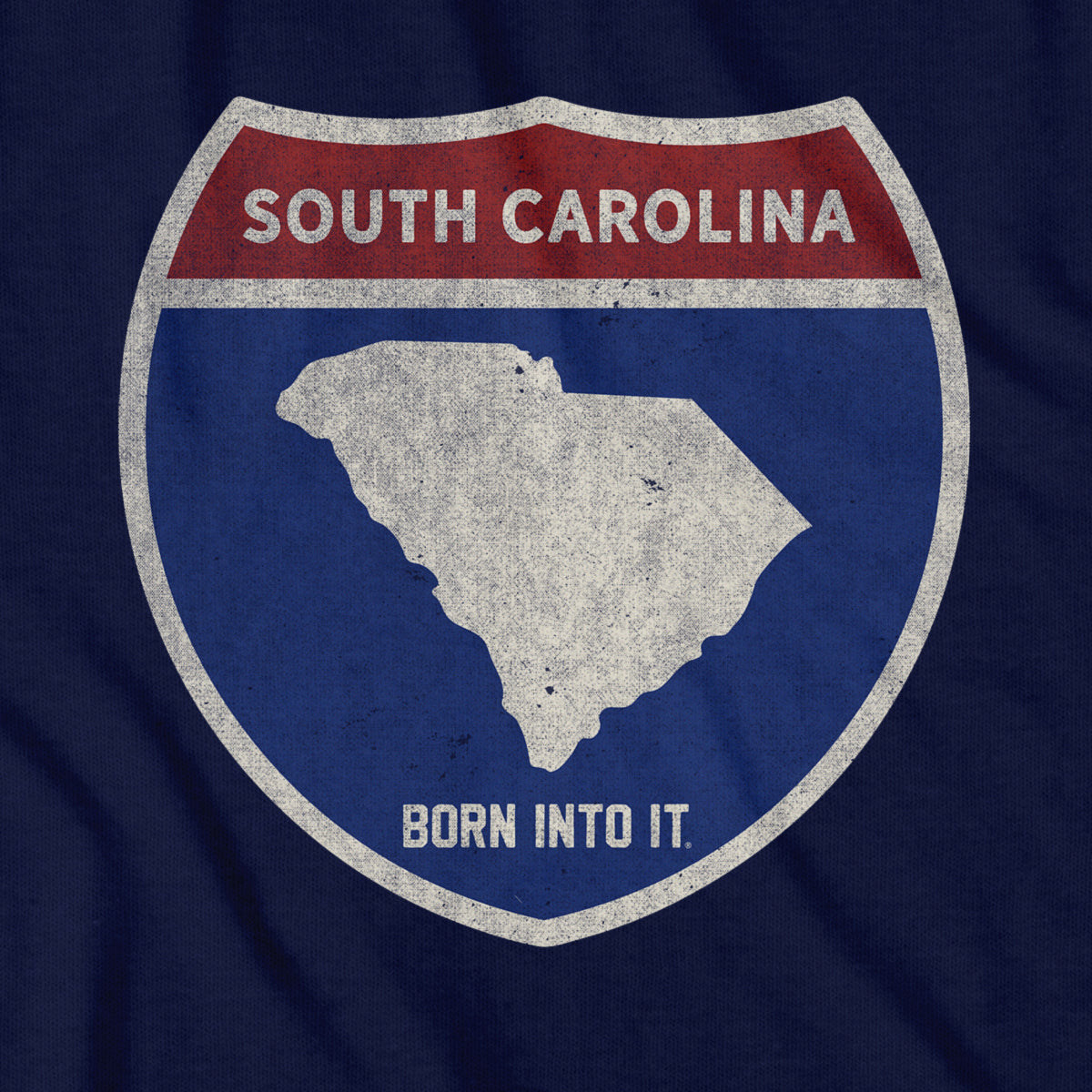 Born Into It South Carolina interstate sign T-shirt showcasing a graphic of the SC highway sign on a black fabric background.