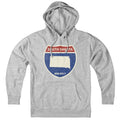 Born Into It South Dakota Interstate Sign hoodie sweatshirt in gray with highway graphic design, casual and comfortable apparel.