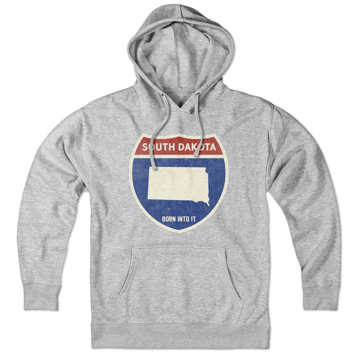 Born Into It South Dakota Interstate Sign hoodie sweatshirt in gray with highway graphic design, casual and comfortable apparel.