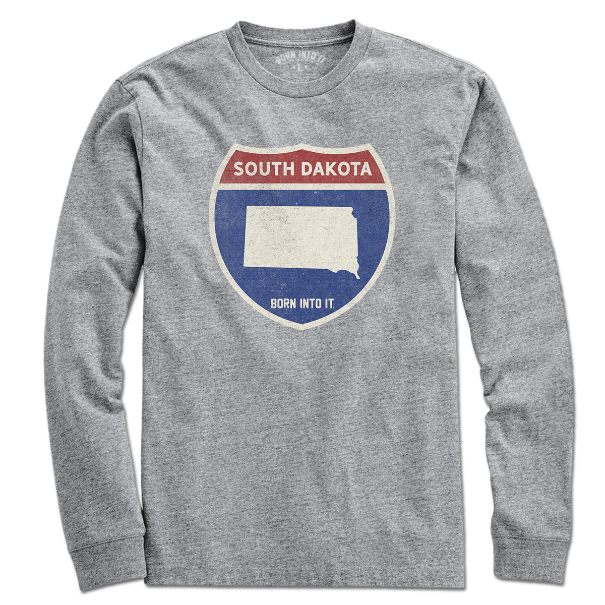 Born Into It South Dakota Interstate Sign T-Shirt in gray, featuring a detailed interstate graphic on soft cotton fabric.