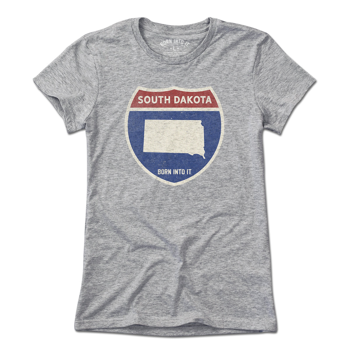 Born Into It South Dakota Interstate Sign T-Shirt in gray, featuring a graphic of the South Dakota interstate highway.