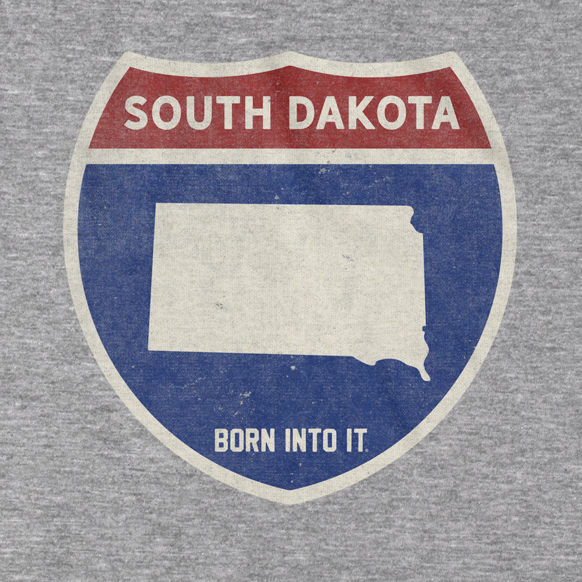 Born Into It South Dakota Interstate Sign T-Shirt in gray, featuring a detailed interstate highway graphic on the front.