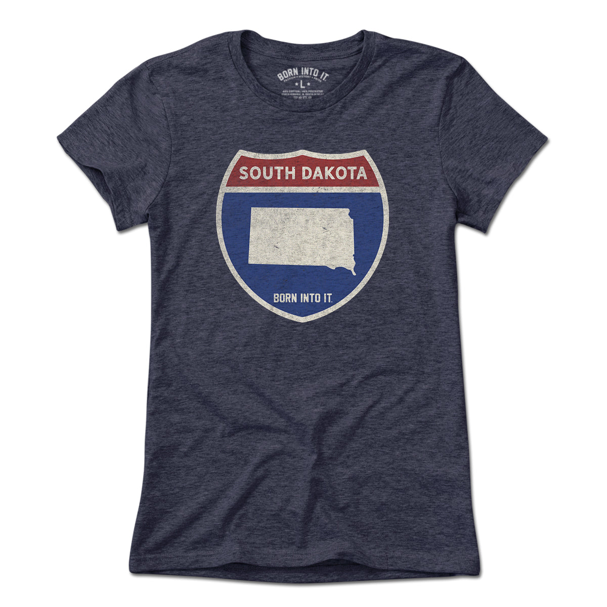 Born Into It South Dakota Interstate Sign T-Shirt, light heather color, casual fit with interstate graphic design.