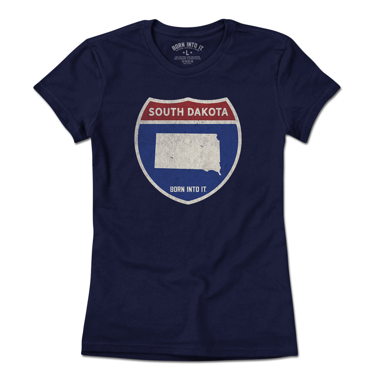 Light green Born Into It South Dakota Interstate Sign T-Shirt with graphic design, featuring a highway sign graphic on the front.