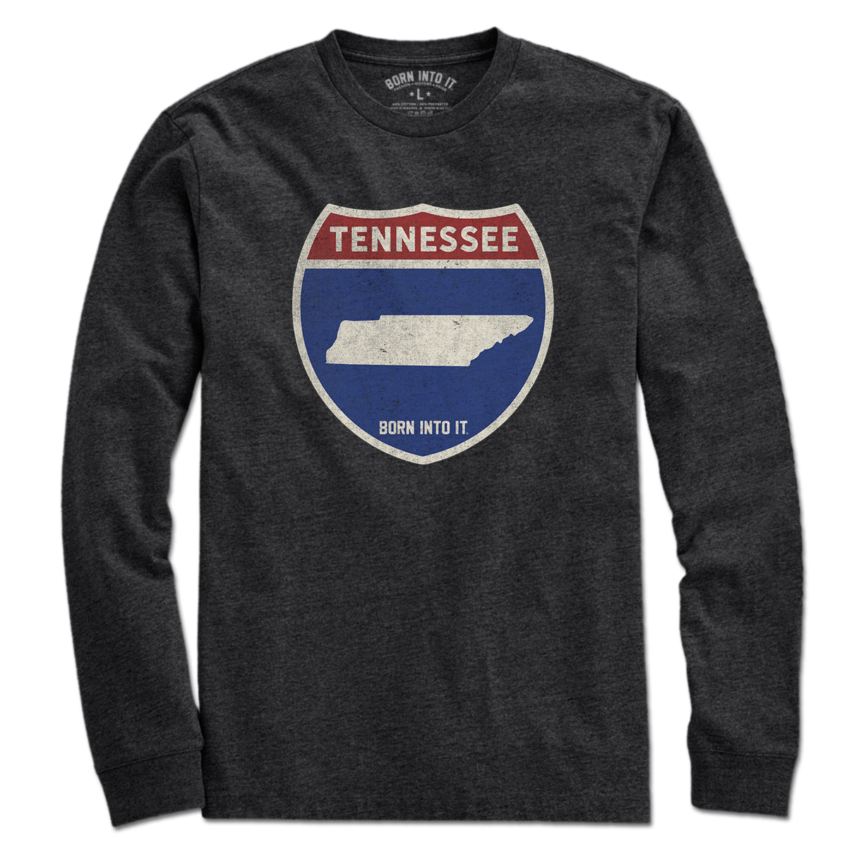 Born Into It Tennessee Interstate Sign T-Shirt showing a vintage interstate highway sign graphic on a casual T-shirt.